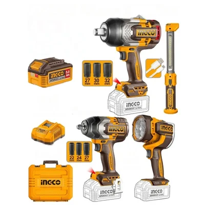 Ingco 4-In-1 20V Cordless Brushless 2 Pcs Impact Wrench & 2 Pcs Work Lamp Combo Kit With Battery, Charger & Socket Set (COSLI250782)