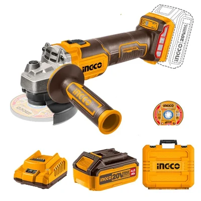 Ingco 100 mm 20V Cordless Angle Grinder With 10 Pcs Metal Cutting Disc, Battery & Charger, 3000 - 9000 RPM (CAGLI211041)