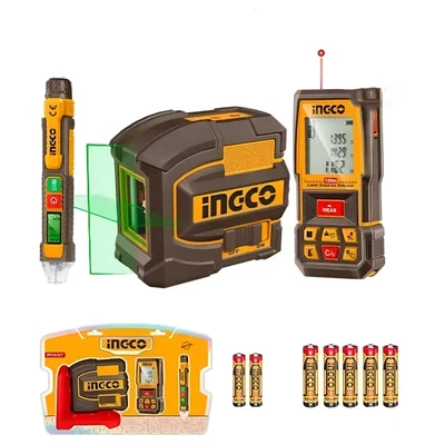 Ingco 3 Pcs Self-Leveling Line Laser, Laser Distance Detector & AC Voltage Detector Combo Kit (COS250908)