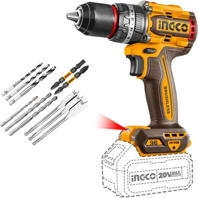 Ingco 13mm 20V Cordless BL Metal Chuck, 96Nm Torque Impact Drill With Drill Bits & Screwdriver Bits, 0-500/0-2000 RPM (CIDLI209681)