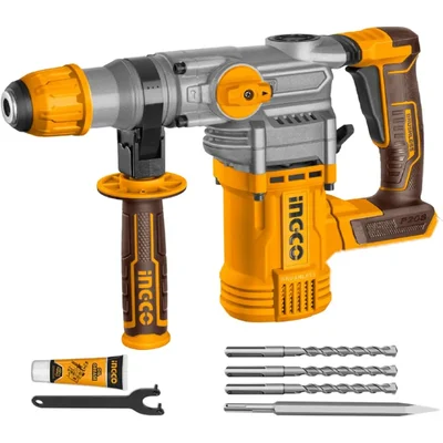 Ingco 28mm 20V Cordless Brushless 3-Speed Function Rotary Hammer With Drill Bits & Chisel, Impact Rate 4400 BPM (CRHLI20288)
