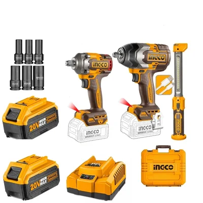 Ingco 3 Pcs 20V Cordless 12.5mm (1/2") 850 Nm, 405 Nm Torque Impact Wrench & Work Lamp Combo Kit With Battery, Charger & Socket Set (COSLI251085)
