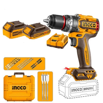 Ingco 13mm 20V Brushless Cordless Metal Chuck Impact Drill With Battery, Charger & Drill Bits, Max Torque 86Nm (CIDLI20868)