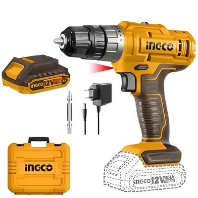INGCO 12V 10 mm Lithium-Ion Cordless Drill With Battery, Charger & Accessories, 1500 RPM (CDLI1228)