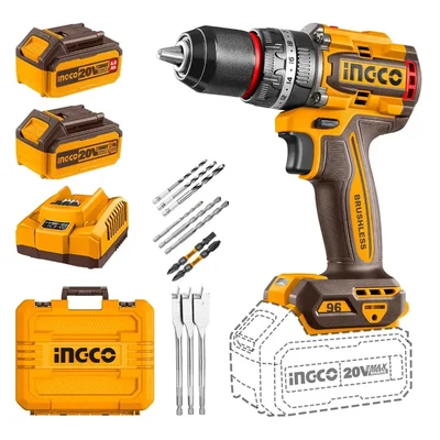 Ingco 13mm 20V Cordless Metal Chuck Impact Drill With Battery, Charger, Drill Bits & Screwdriver Bits (CIDLI20868)