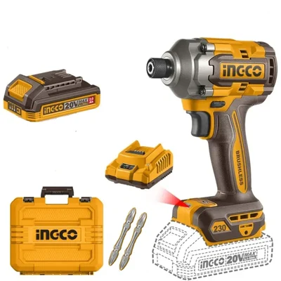 Ingco 6.35mm 20V Cordless Impact Driver With Battery, Charger & Bits, Max. Torque 230 Nm (CIRLI2023)