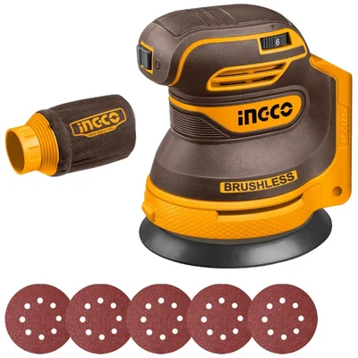 Ingco 125mm 20V Cordless Brushless 6-Speed Adjustment Orbit Sander With Sand Papers, 8000-13000 RPM (CROSLI2002)