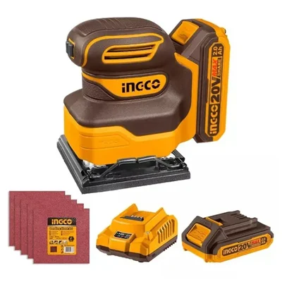 Ingco 110x100mm 20V Cordless Sheet Sander With Battery-Charger & Sand Paper, 12000 RPM (CSHSLI20141)