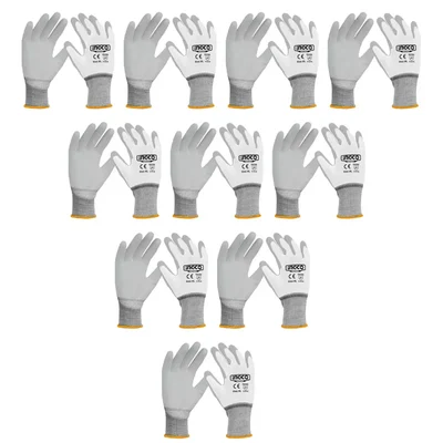 Ingco 10 Pair Safety Gloves (HGPUG01) - Cotton & Polyester, PU Coated, White Colour, XL Size for Industrial use