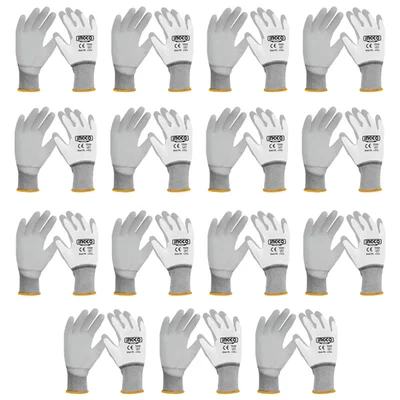 Ingco 15 Pair Safety Gloves (HGPUG01) - Cotton & Polyester, PU Coated, White Colour, XL Size for Industrial use
