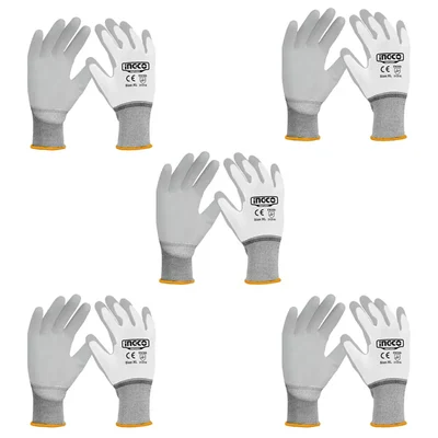 Ingco 5 Pair Safety Gloves (HGPUG01) - Cotton & Polyester, PU Coated, White Colour, XL Size for Industrial use