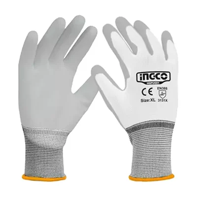 Ingco Safety Gloves (HGPUG01) - Cotton & Polyester, PU Coated, White Colour, XL Size for Industrial use