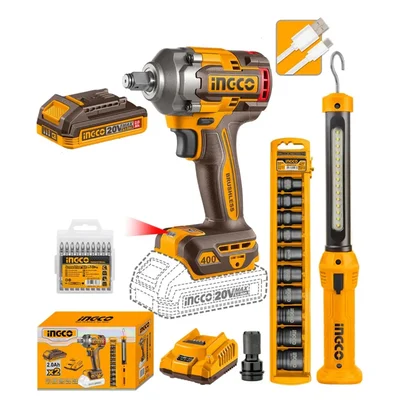 Ingco 20V Cordless Combo Kit of 1/2" Impact Wrench, Work Lamp, Impact Socket Set, Screwdriver Bit Set, Battery & Charger (COSLI23048)