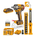 Ingco 20V Cordless Combo Kit of 1/2" Impact Wrench, Work Lamp, Impact Socket Set, Screwdriver Bit Set, Battery & Charger (COSLI23048)