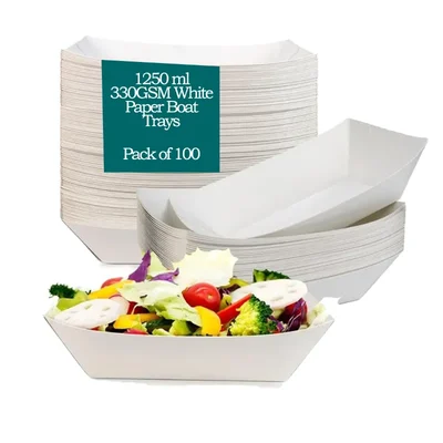 100 Pcs, 1250ml 330GSM White Paper Disposable Boat Trays for Salad, Fruit, Cookies Servings