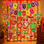 Pack of 3, Its My 1st Deepawali Party Decor Kit of 32 Pcs, Paper Banner Photo Props And LED Lights