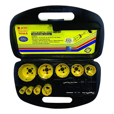 Jon Bhandari 12 Pcs Bi-Metal Hole Saw Set With Arbor & Hex Key, Size: 19mm to 64mm (M-019)