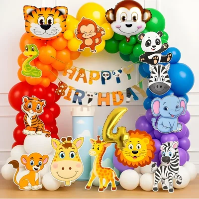 Pack of 5, Jungle Safari 4th Birthday Decor Combo with Animal Foils & Cardstock Wall Cutouts