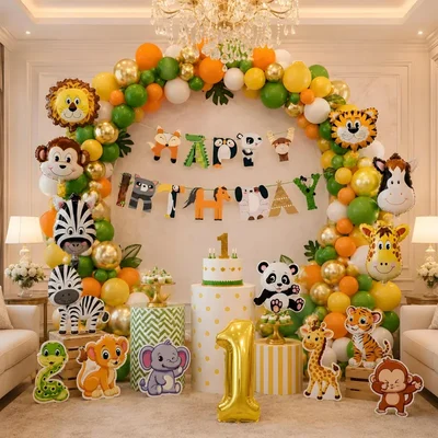 Pack of 3, Jungle Safari Theme Birthday Decoration Set for Boys with Animal Balloons Banner