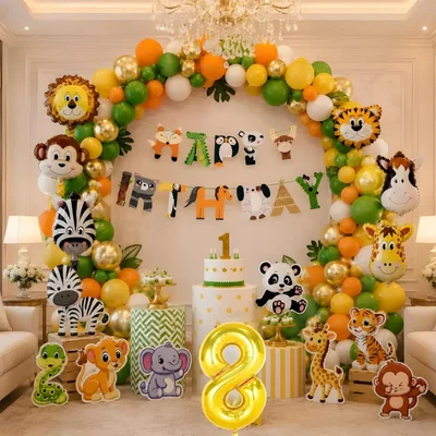 Pack of 3, Jungle Safari Theme 8th Birthday Decoration Set for Boys with Animal Balloons Banner
