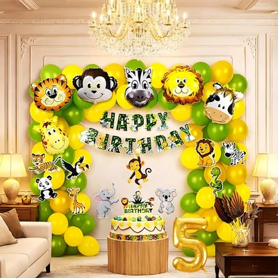 Pack of 5, Jungle Safari Theme 5th Birthday Decoration Set for Boys with Animal Balloons Banner