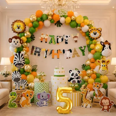 Pack of 3, Jungle Safari Theme 5th Birthday Decoration Set for Boys with Animal Balloons Banner