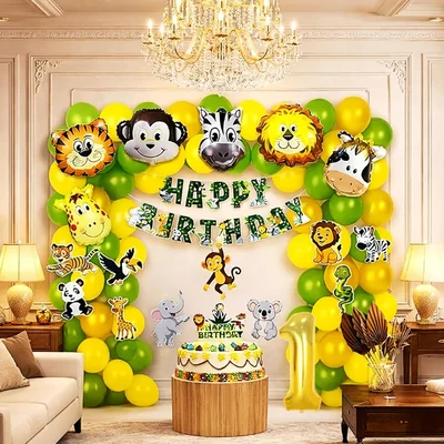 Pack of 5, Jungle Safari Theme 1st Birthday Decoration Set for Boys with Animal Balloons Banner