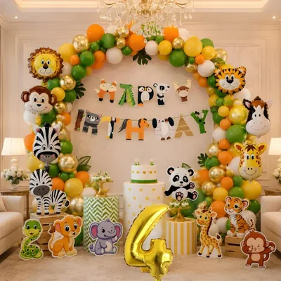 Pack of 3, Jungle Safari Theme 4th Birthday Decoration Set for Boys with Animal Balloons Banner