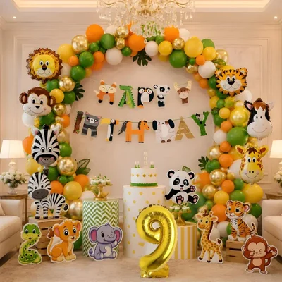 Pack of 3, Jungle Safari Theme 9th Birthday Decoration Set for Boys with Animal Balloons Banner