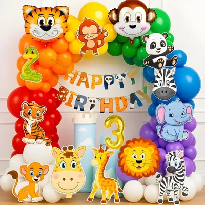 Pack of 5, Jungle Safari 3rd Birthday Decor Combo with Animal Foils & Cardstock Wall Cutouts