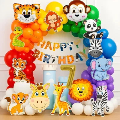 Pack of 5, Jungle Safari 7th Birthday Decor Combo with Animal Foils & Cardstock Wall Cutouts