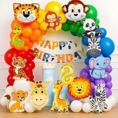 Pack of 5, Jungle Safari 8th Birthday Decor Combo with Animal Foils & Cardstock Wall Cutouts