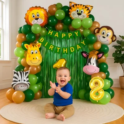 Pack of 5, 50 Pcs Jungle Safari Theme 8th Birth day Decoration Set for Boys with Animal Balloons Banner