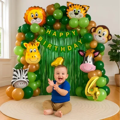 Pack of 5, 50 Pcs Jungle Safari Theme 4th Birth day Decoration Set for Boys with Animal Balloons Banner