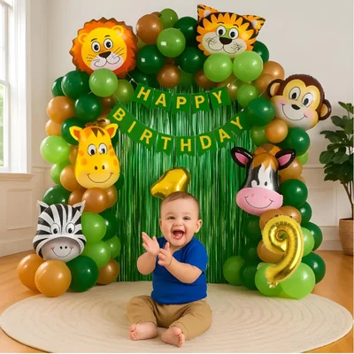 Pack of 5, 50 Pcs Jungle Safari Theme 9th Birth day Decoration Set for Boys with Animal Balloons Banner
