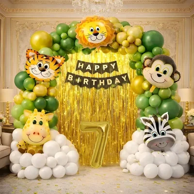 Pack of 5, 50 Pcs Jungle Safari Theme 7th Birthday Decoration Set for Boys with Animal Balloons Banner