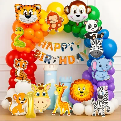 Pack of 5, Jungle Safari 1st Birthday Decor Combo with Animal Foils & Cardstock Wall Cutouts