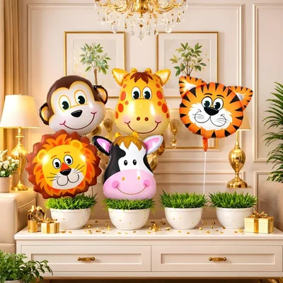 Pack of 10, Jungle Safari Animal Head Foil Balloons Set for Birthday Decor with Lion & Tiger