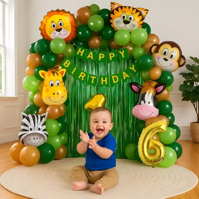 Pack of 5, Jungle Theme 6th Birthday Decor Kit of 50 pcs with Animal Foil Balloons & Banner