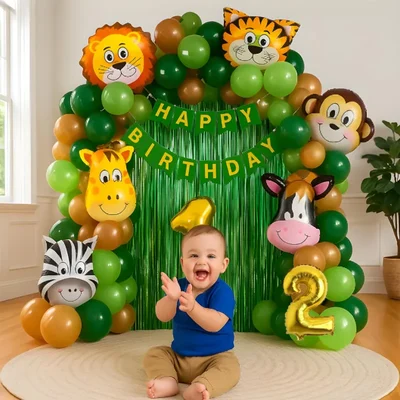 Pack of 5, Jungle Safari 2nd Birthday Decoration Kit of 50 Pcs for Boys with Foil Balloons Set