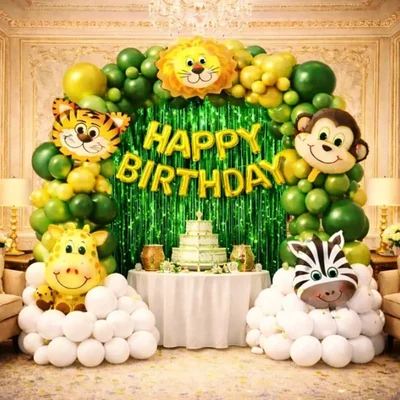 Pack of 4, 50 Pcs Safari Jungle Theme Birthday Kit - Happy Birthday Banner & Animal Foil Balloons