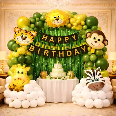 Pack of 5, Jungle Theme 2nd Birthday Decor Kit of 50 Pcs for Boys with Animal Foil Balloons & Banner