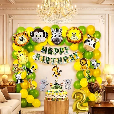 Pack of 5, Jungle Safari Theme 2nd Birthday Decoration Set for Boys with Animal Balloons Banner