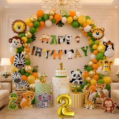 Pack of 3, Jungle Safari Theme 2nd Birthday Decoration Set for Boys with Animal Balloons Banner