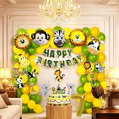 Pack of 5, Jungle Safari Theme 7th Birthday Decoration Set for Boys with Animal Balloons Banner