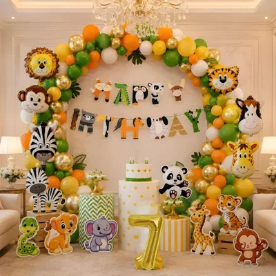 Pack of 3, Jungle Safari Theme 7th Birthday Decoration Set for Boys with Animal Balloons Banner