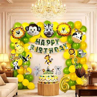 Pack of 5, Jungle Safari Theme 6th Birthday Decoration Set for Boys with Animal Balloons Banner