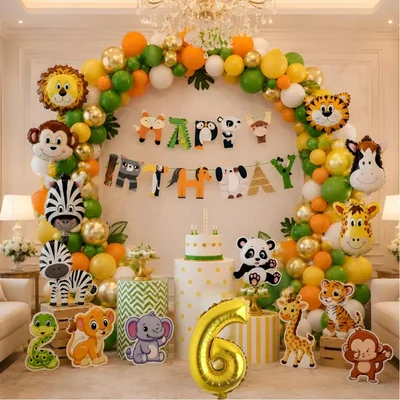 Pack of 3, Jungle Safari Theme 6th Birthday Decoration Set for Boys with Animal Balloons Banner