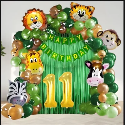 Pack of 5, 50 Pcs Jungle Safari Theme 11th Party Decoration Set for Boys with Animal Balloons Banner