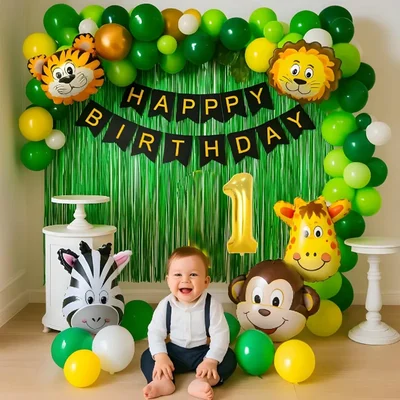 Pack of 5, 50 Pcs Jungle Safari Theme 1st Birth day Decoration Set for Boys with Animal Balloons Banner
